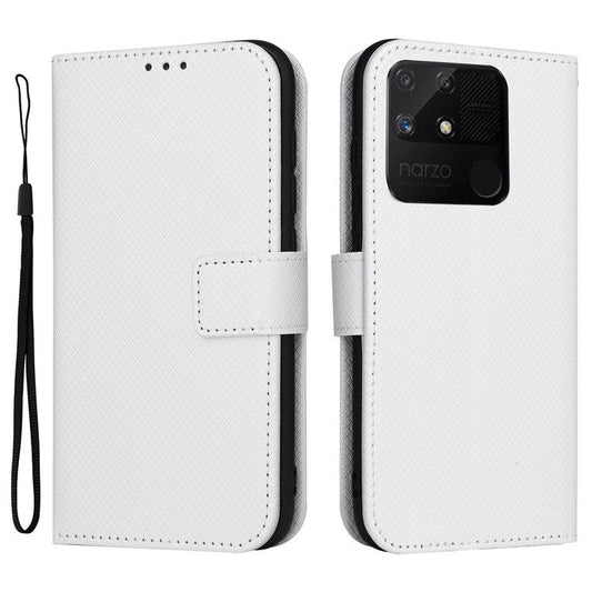 For Realme Narzo 50A Phone Case Cover Diamond Texture PU Leather Wallet Stand Cell Phone Shell with Strap - White