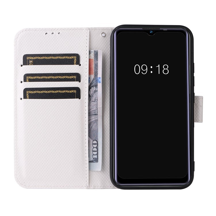 For Realme Narzo 50A Phone Case Cover Diamond Texture PU Leather Wallet Stand Cell Phone Shell with Strap - White