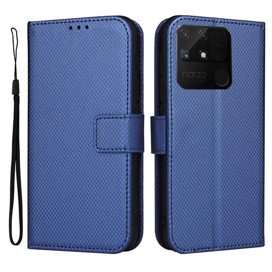 For Realme Narzo 50A Phone Case Cover Diamond Texture PU Leather Wallet Stand Cell Phone Shell with Strap - Blue