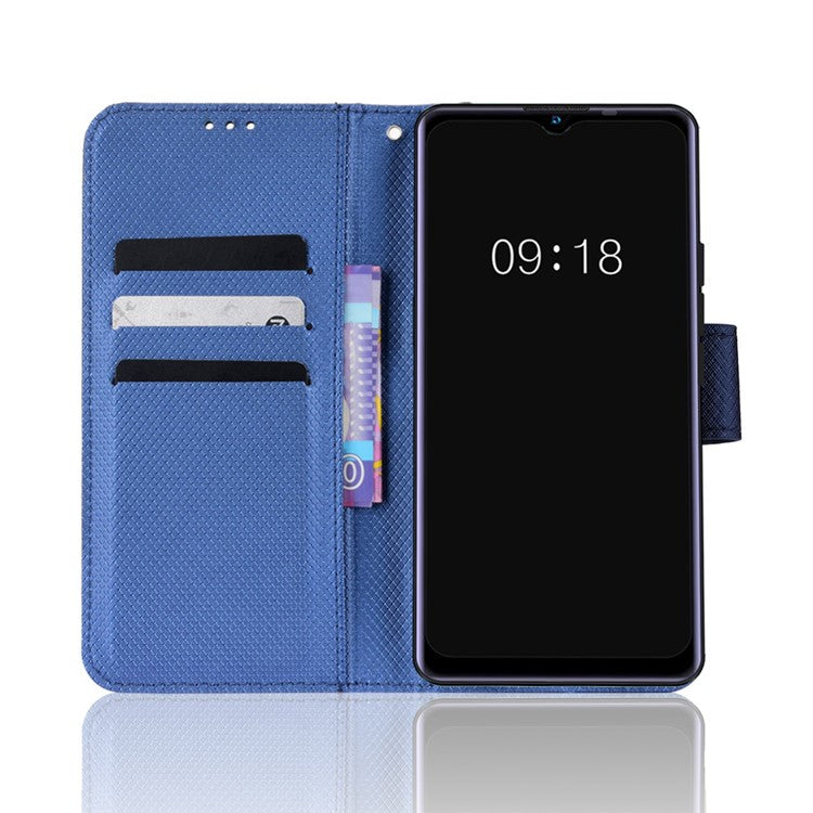 For Realme Narzo 50A Phone Case Cover Diamond Texture PU Leather Wallet Stand Cell Phone Shell with Strap - Blue