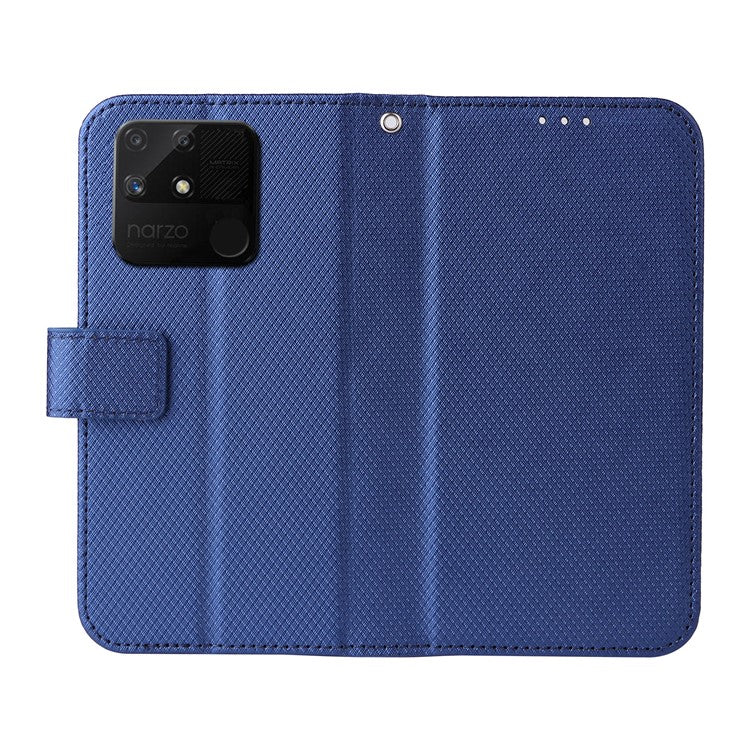 For Realme Narzo 50A Phone Case Cover Diamond Texture PU Leather Wallet Stand Cell Phone Shell with Strap - Blue