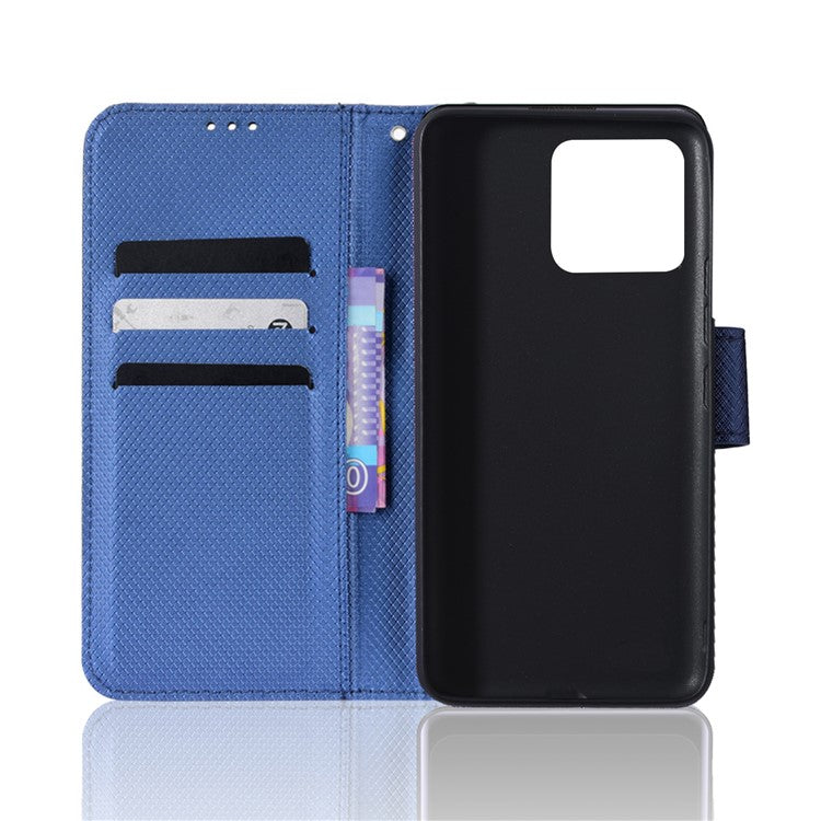 For Realme Narzo 50A Phone Case Cover Diamond Texture PU Leather Wallet Stand Cell Phone Shell with Strap - Blue