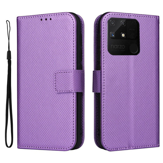 For Realme Narzo 50A Phone Case Cover Diamond Texture PU Leather Wallet Stand Cell Phone Shell with Strap - Purple