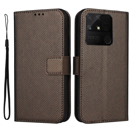 For Realme Narzo 50A Phone Case Cover Diamond Texture PU Leather Wallet Stand Cell Phone Shell with Strap - Brown