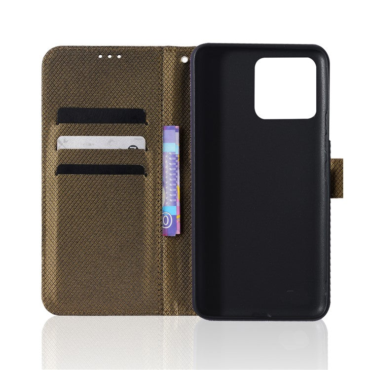 For Realme Narzo 50A Phone Case Cover Diamond Texture PU Leather Wallet Stand Cell Phone Shell with Strap - Brown