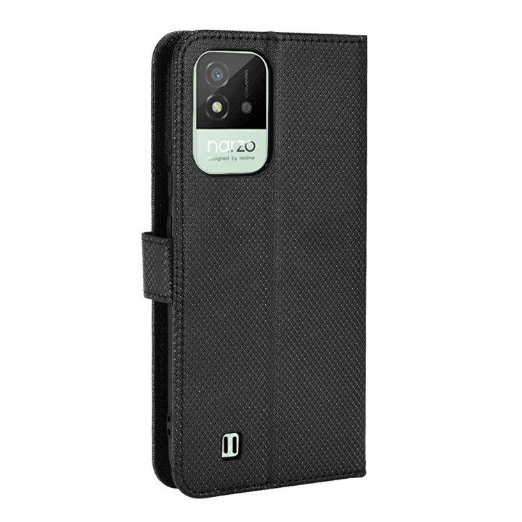 For Realme Narzo 50i PU Leather Wallet Diamond Texture Stand Cover Shockproof Cell Phone Case with Strap - Black