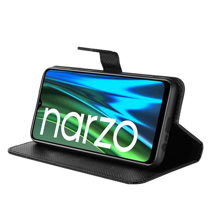 For Realme Narzo 50i PU Leather Wallet Diamond Texture Stand Cover Shockproof Cell Phone Case with Strap - Black