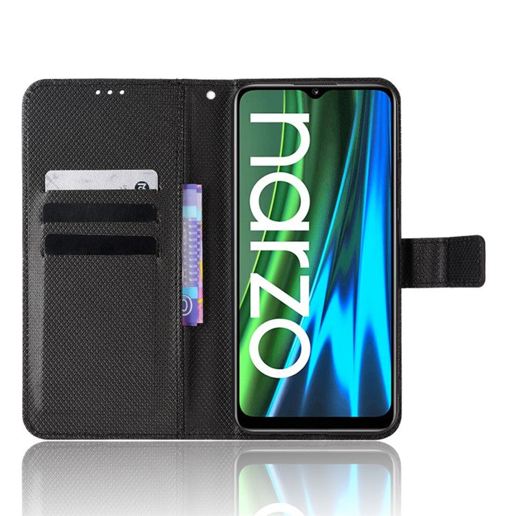 For Realme Narzo 50i PU Leather Wallet Diamond Texture Stand Cover Shockproof Cell Phone Case with Strap - Black