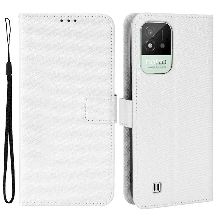 For Realme Narzo 50i PU Leather Wallet Diamond Texture Stand Cover Shockproof Cell Phone Case with Strap - White