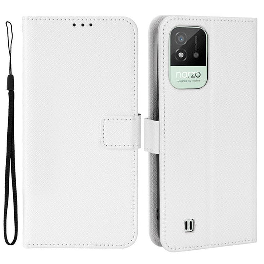 For Realme Narzo 50i PU Leather Wallet Diamond Texture Stand Cover Shockproof Cell Phone Case with Strap - White