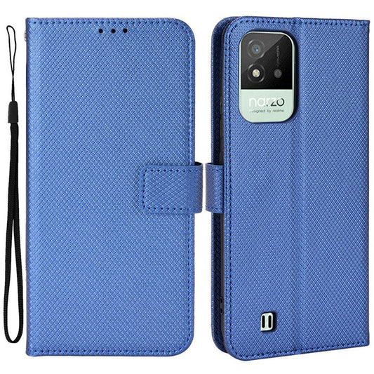 For Realme Narzo 50i PU Leather Wallet Diamond Texture Stand Cover Shockproof Cell Phone Case with Strap - Blue