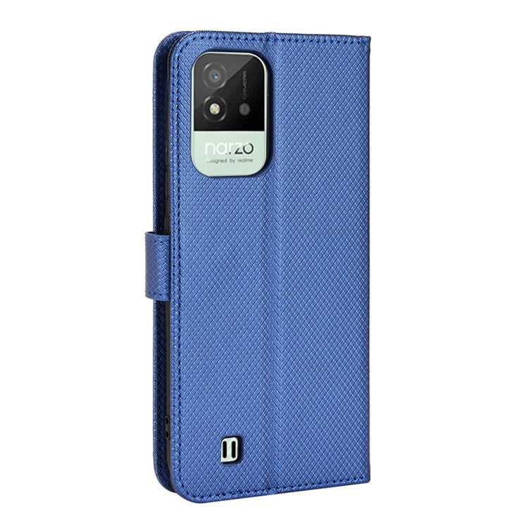 For Realme Narzo 50i PU Leather Wallet Diamond Texture Stand Cover Shockproof Cell Phone Case with Strap - Blue