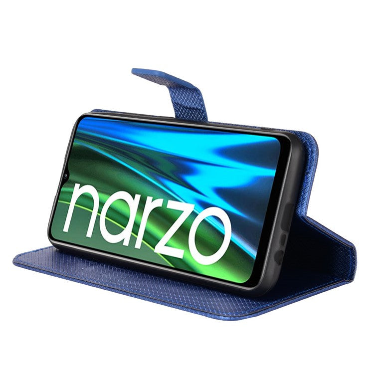 For Realme Narzo 50i PU Leather Wallet Diamond Texture Stand Cover Shockproof Cell Phone Case with Strap - Blue