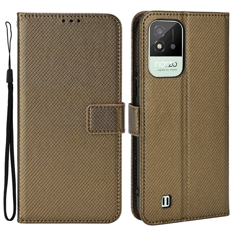 For Realme Narzo 50i PU Leather Wallet Diamond Texture Stand Cover Shockproof Cell Phone Case with Strap - Brown
