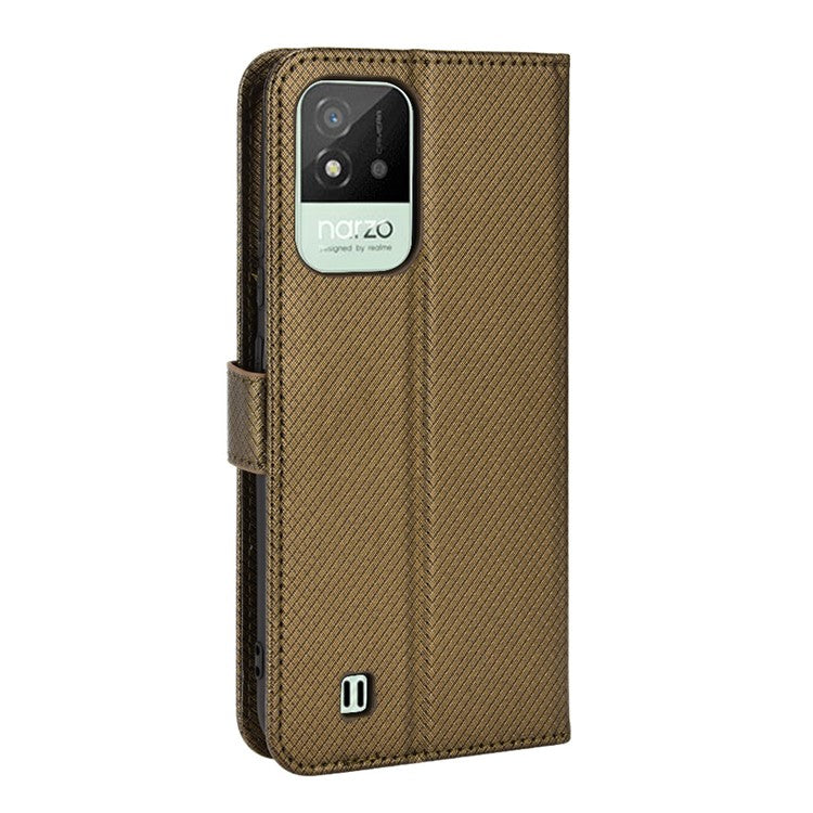 For Realme Narzo 50i PU Leather Wallet Diamond Texture Stand Cover Shockproof Cell Phone Case with Strap - Brown