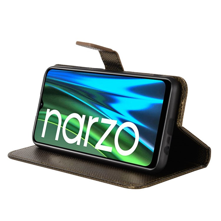 For Realme Narzo 50i PU Leather Wallet Diamond Texture Stand Cover Shockproof Cell Phone Case with Strap - Brown