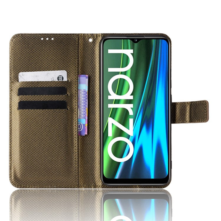 For Realme Narzo 50i PU Leather Wallet Diamond Texture Stand Cover Shockproof Cell Phone Case with Strap - Brown