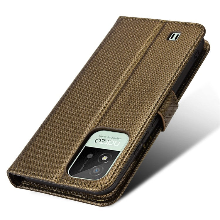 For Realme Narzo 50i PU Leather Wallet Diamond Texture Stand Cover Shockproof Cell Phone Case with Strap - Brown