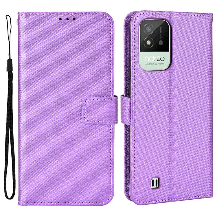 For Realme Narzo 50i PU Leather Wallet Diamond Texture Stand Cover Shockproof Cell Phone Case with Strap - Purple