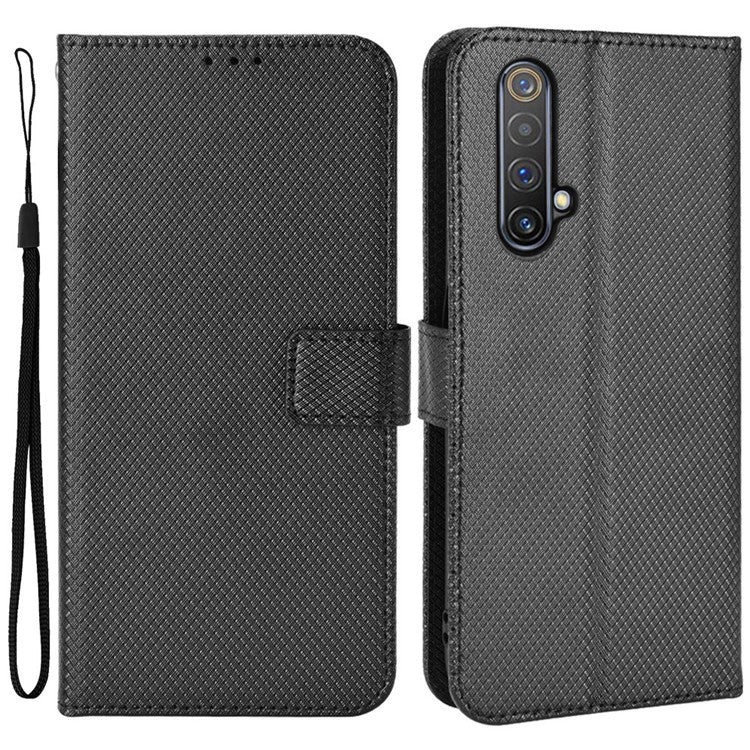 For Realme X50 5G/Realme X3 Diamond Texture Phone Case Cover Shockproof PU Leather Wallet Stand Cell Phone Shell with Strap - Black