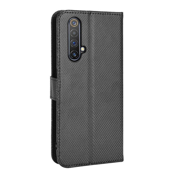 For Realme X50 5G/Realme X3 Diamond Texture Phone Case Cover Shockproof PU Leather Wallet Stand Cell Phone Shell with Strap - Black