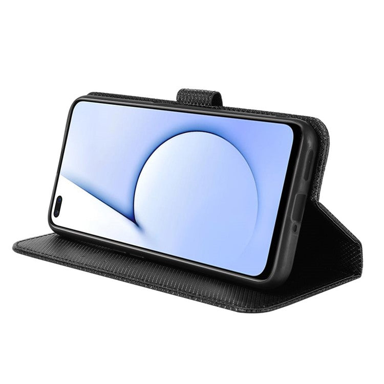 For Realme X50 5G/Realme X3 Diamond Texture Phone Case Cover Shockproof PU Leather Wallet Stand Cell Phone Shell with Strap - Black