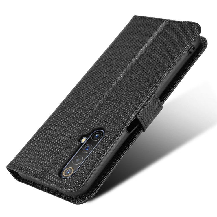 For Realme X50 5G/Realme X3 Diamond Texture Phone Case Cover Shockproof PU Leather Wallet Stand Cell Phone Shell with Strap - Black