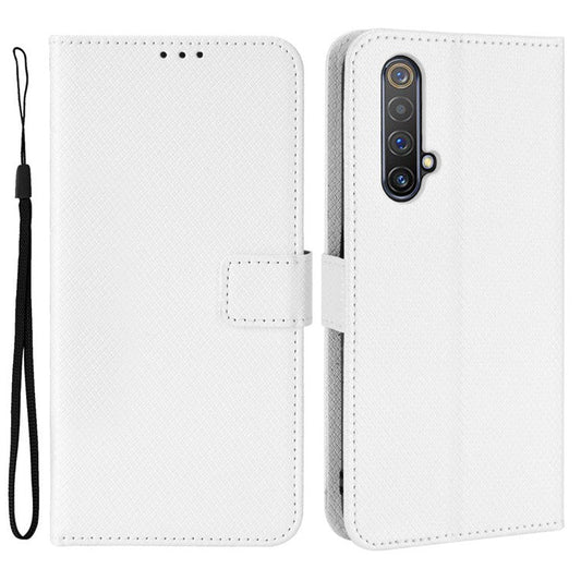 For Realme X50 5G/Realme X3 Diamond Texture Phone Case Cover Shockproof PU Leather Wallet Stand Cell Phone Shell with Strap - White