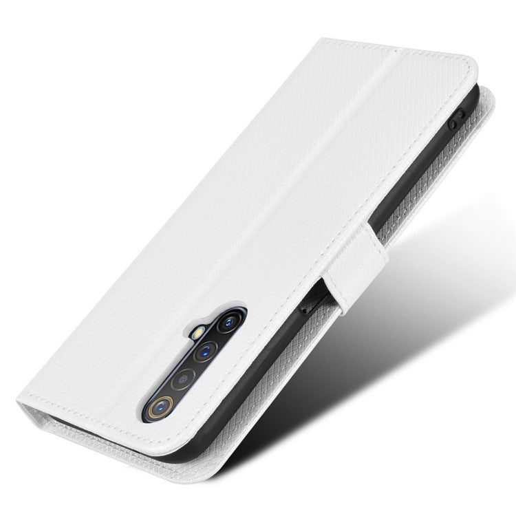 For Realme X50 5G/Realme X3 Diamond Texture Phone Case Cover Shockproof PU Leather Wallet Stand Cell Phone Shell with Strap - White
