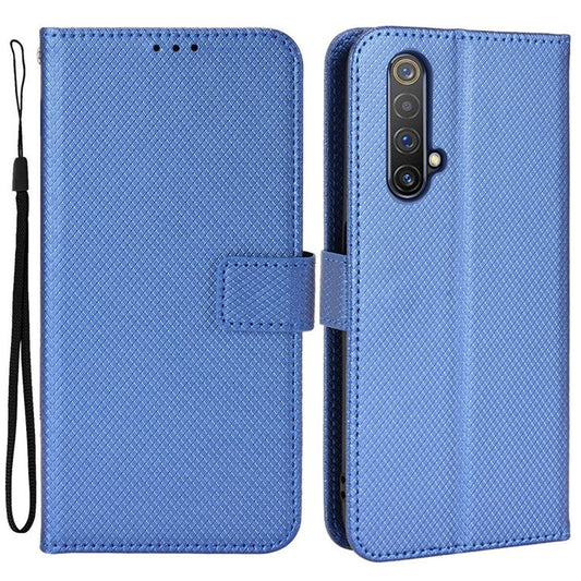 For Realme X50 5G/Realme X3 Diamond Texture Phone Case Cover Shockproof PU Leather Wallet Stand Cell Phone Shell with Strap - Blue