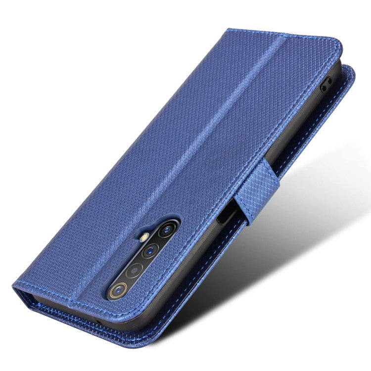 For Realme X50 5G/Realme X3 Diamond Texture Phone Case Cover Shockproof PU Leather Wallet Stand Cell Phone Shell with Strap - Blue