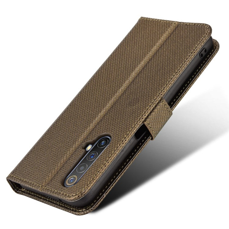 For Realme X50 5G/Realme X3 Diamond Texture Phone Case Cover Shockproof PU Leather Wallet Stand Cell Phone Shell with Strap - Brown