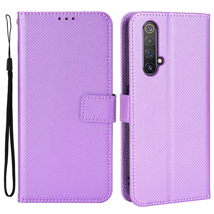 For Realme X50 5G/Realme X3 Diamond Texture Phone Case Cover Shockproof PU Leather Wallet Stand Cell Phone Shell with Strap - Purple