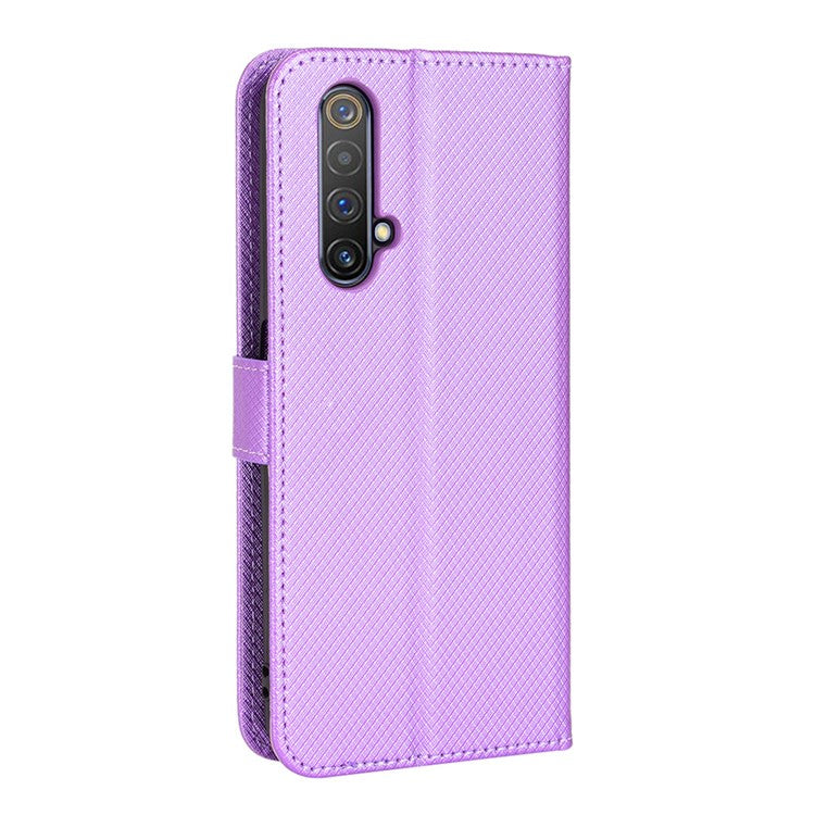 For Realme X50 5G/Realme X3 Diamond Texture Phone Case Cover Shockproof PU Leather Wallet Stand Cell Phone Shell with Strap - Purple