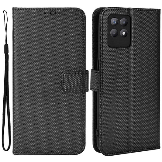 Smartphone Case Bag for Realme 8i/Narzo 50 4G, Diamond Texture PU Leather Wallet Stand Cover Anti-scratch Cell Phone Shell with Strap - Black