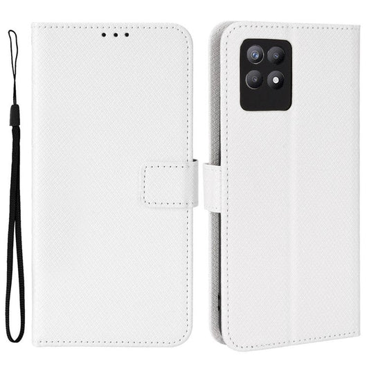 Smartphone Case Bag for Realme 8i/Narzo 50 4G, Diamond Texture PU Leather Wallet Stand Cover Anti-scratch Cell Phone Shell with Strap - White