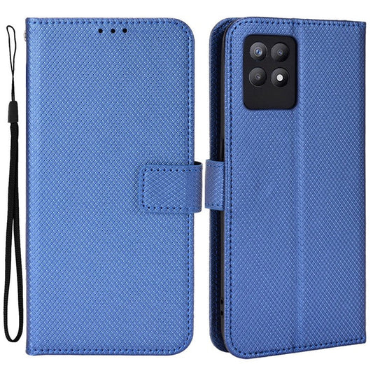 Smartphone Case Bag for Realme 8i/Narzo 50 4G, Diamond Texture PU Leather Wallet Stand Cover Anti-scratch Cell Phone Shell with Strap - Blue