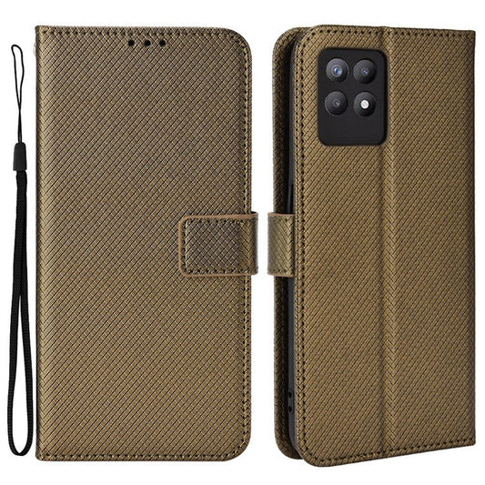 Smartphone Case Bag for Realme 8i/Narzo 50 4G, Diamond Texture PU Leather Wallet Stand Cover Anti-scratch Cell Phone Shell with Strap - Brown