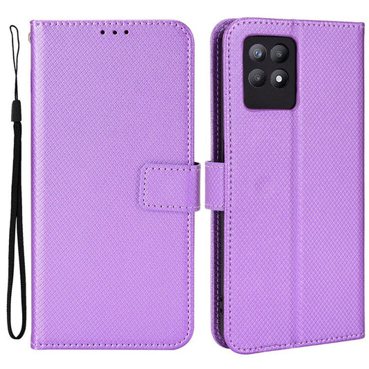 Smartphone Case Bag for Realme 8i/Narzo 50 4G, Diamond Texture PU Leather Wallet Stand Cover Anti-scratch Cell Phone Shell with Strap - Purple