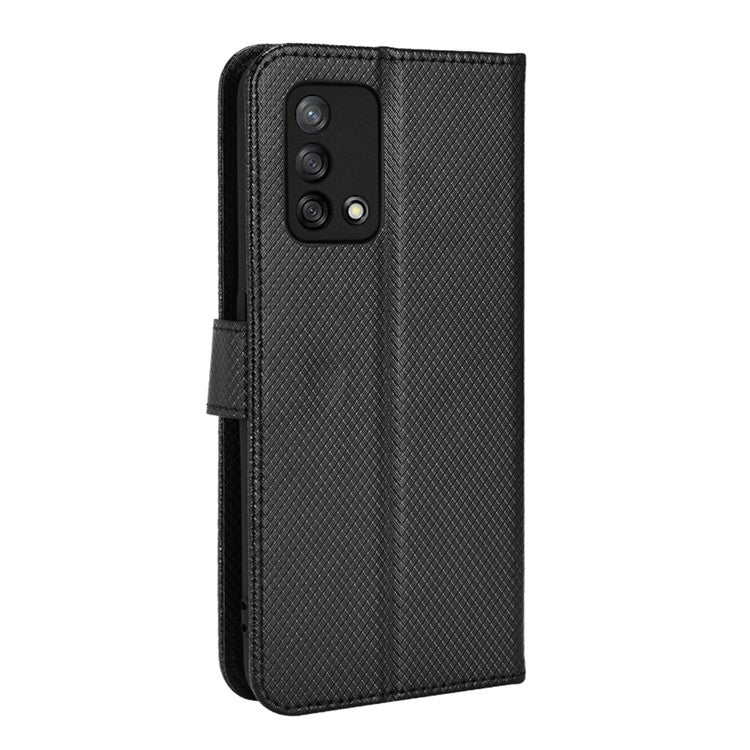 For Oppo A74 4G/Oppo F19 PU Leather Phone Case Wallet Stand Cover Anti-scratch Diamond Texture Phone Cover with Strap - Black