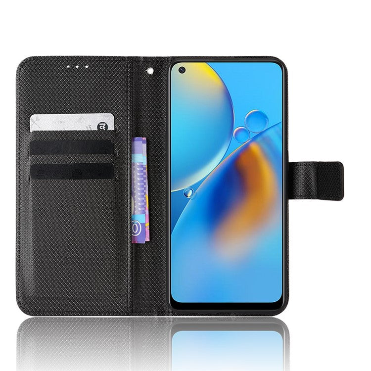 For Oppo A74 4G/Oppo F19 PU Leather Phone Case Wallet Stand Cover Anti-scratch Diamond Texture Phone Cover with Strap - Black