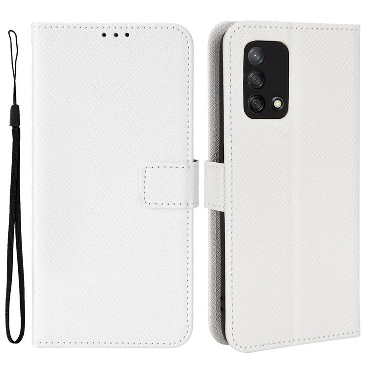 For Oppo A74 4G/Oppo F19 PU Leather Phone Case Wallet Stand Cover Anti-scratch Diamond Texture Phone Cover with Strap - White