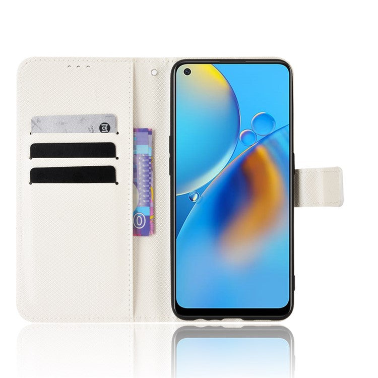 For Oppo A74 4G/Oppo F19 PU Leather Phone Case Wallet Stand Cover Anti-scratch Diamond Texture Phone Cover with Strap - White