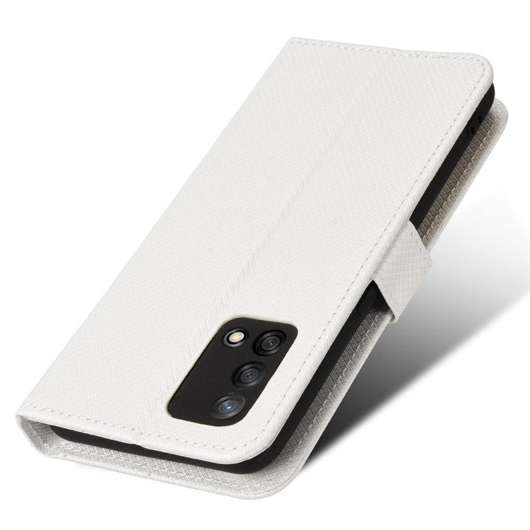 For Oppo A74 4G/Oppo F19 PU Leather Phone Case Wallet Stand Cover Anti-scratch Diamond Texture Phone Cover with Strap - White