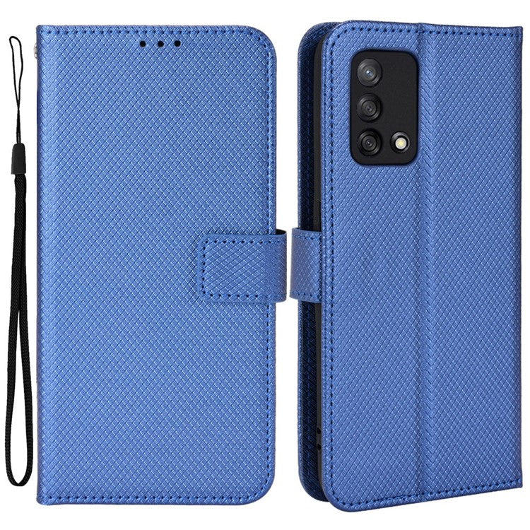 For Oppo A74 4G/Oppo F19 PU Leather Phone Case Wallet Stand Cover Anti-scratch Diamond Texture Phone Cover with Strap - Blue