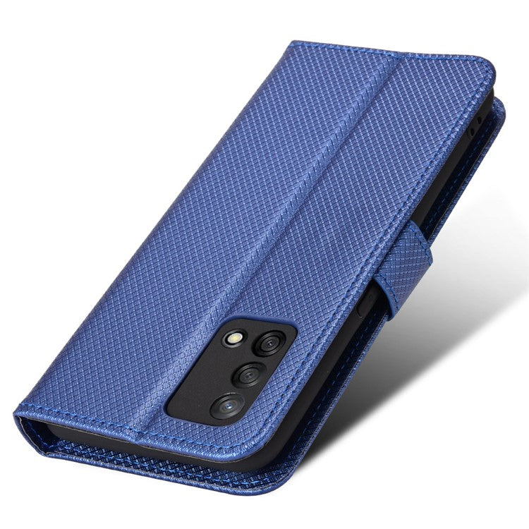 For Oppo A74 4G/Oppo F19 PU Leather Phone Case Wallet Stand Cover Anti-scratch Diamond Texture Phone Cover with Strap - Blue