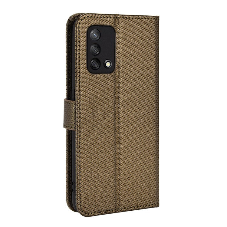 For Oppo A74 4G/Oppo F19 PU Leather Phone Case Wallet Stand Cover Anti-scratch Diamond Texture Phone Cover with Strap - Brown