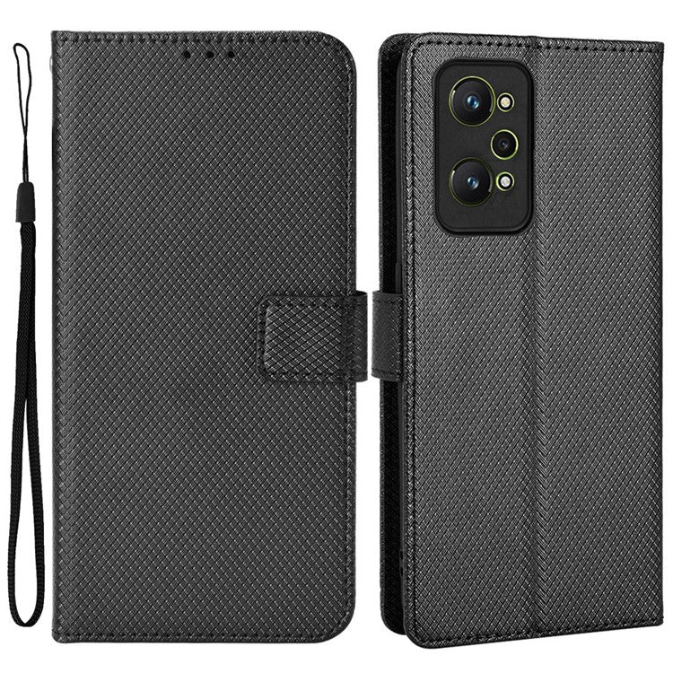 For Realme GT2/GT Neo2 5G/GT Neo 3T 5G Anti-scratch Magnetic Closure Diamond Texture PU Leather Wallet Stand Phone Shell Case with Strap - Black