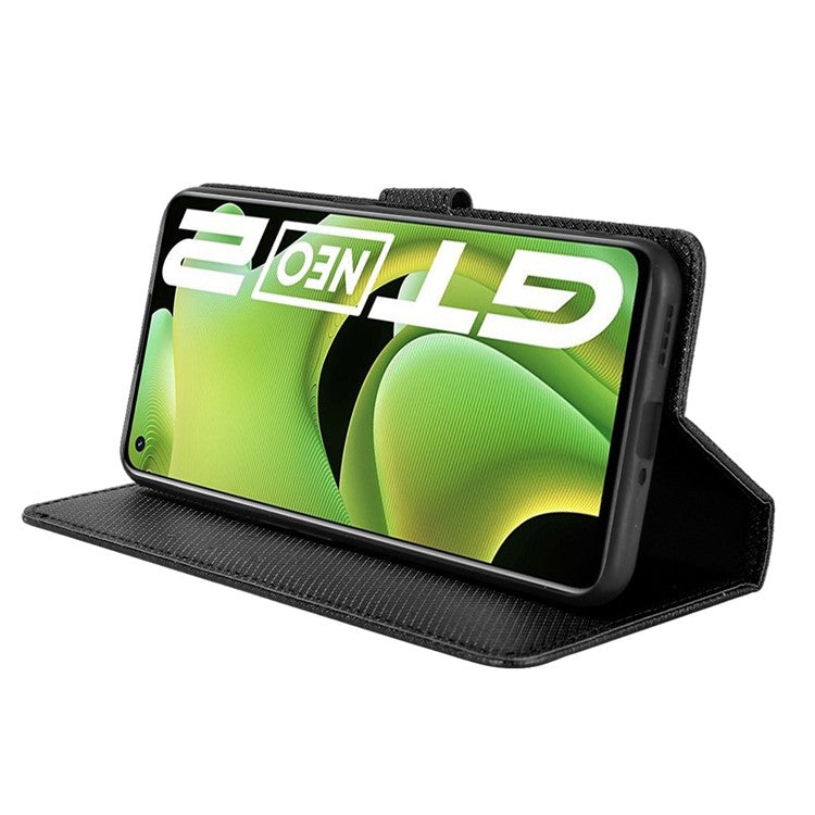 For Realme GT2/GT Neo2 5G/GT Neo 3T 5G Anti-scratch Magnetic Closure Diamond Texture PU Leather Wallet Stand Phone Shell Case with Strap - Black