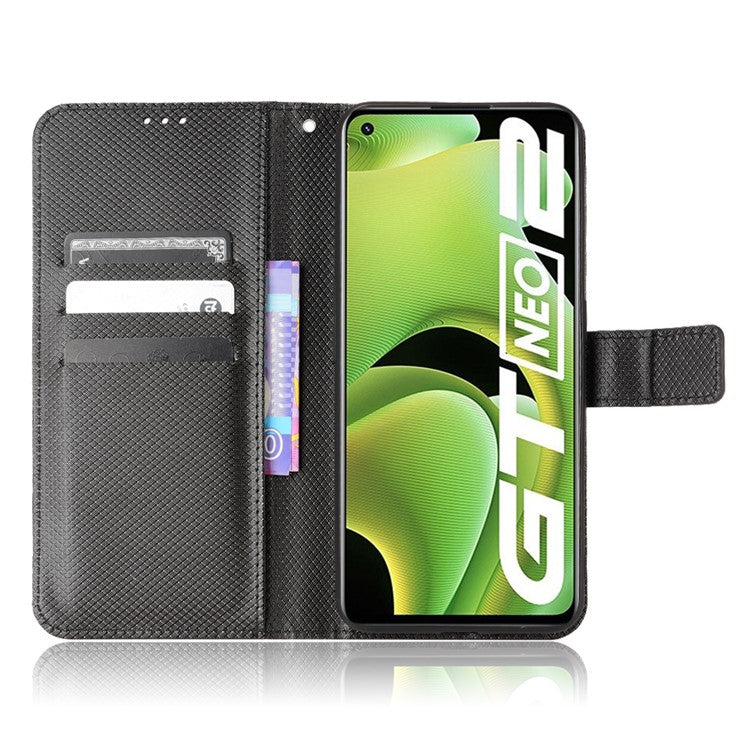 For Realme GT2/GT Neo2 5G/GT Neo 3T 5G Anti-scratch Magnetic Closure Diamond Texture PU Leather Wallet Stand Phone Shell Case with Strap - Black